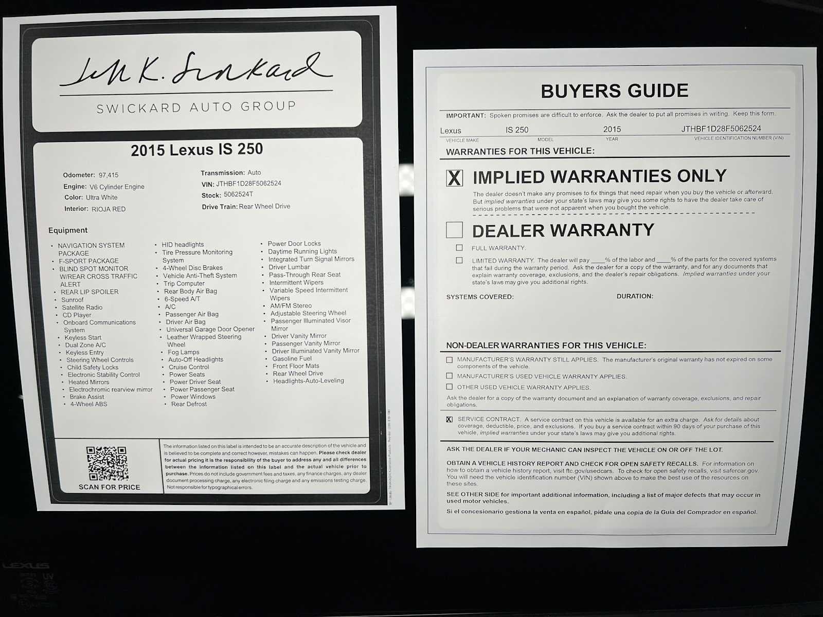 2015 Lexus IS 250 4dr Sport Sdn RWD