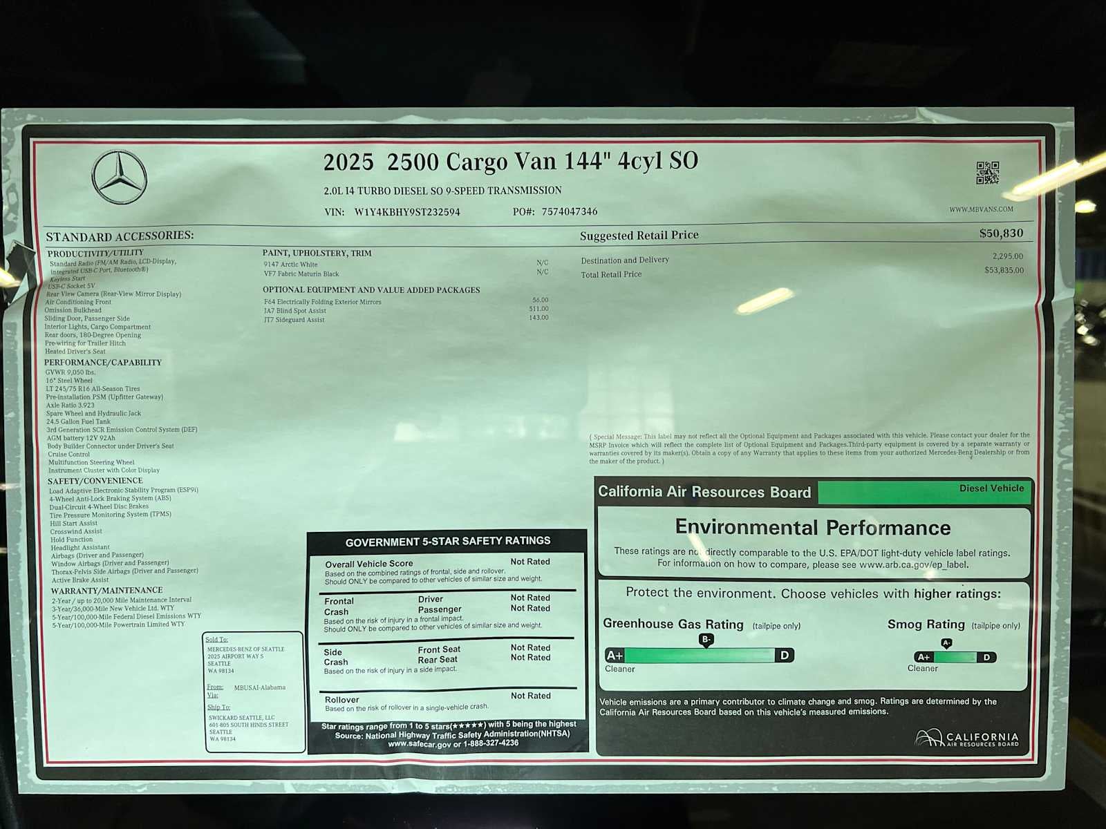 2025 Mercedes-Benz Sprinter 2500 Standard Roof I4 Diesel 144" RWD