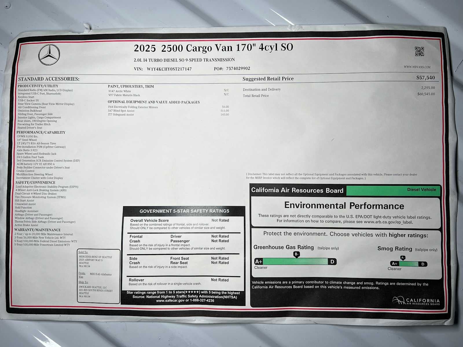 2025 Mercedes-Benz Sprinter 2500 High Roof I4 Diesel 170" RWD