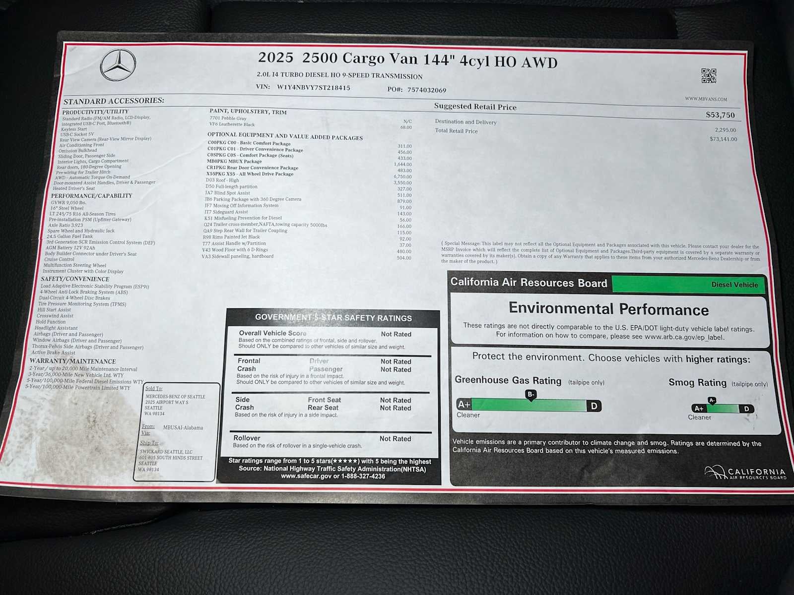 2025 Mercedes-Benz Sprinter 2500 Standard Roof I4 Diesel HO 144" AWD