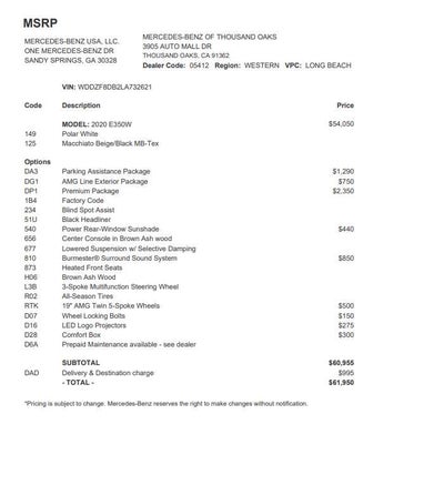 2020 Mercedes-Benz E-Class E 350